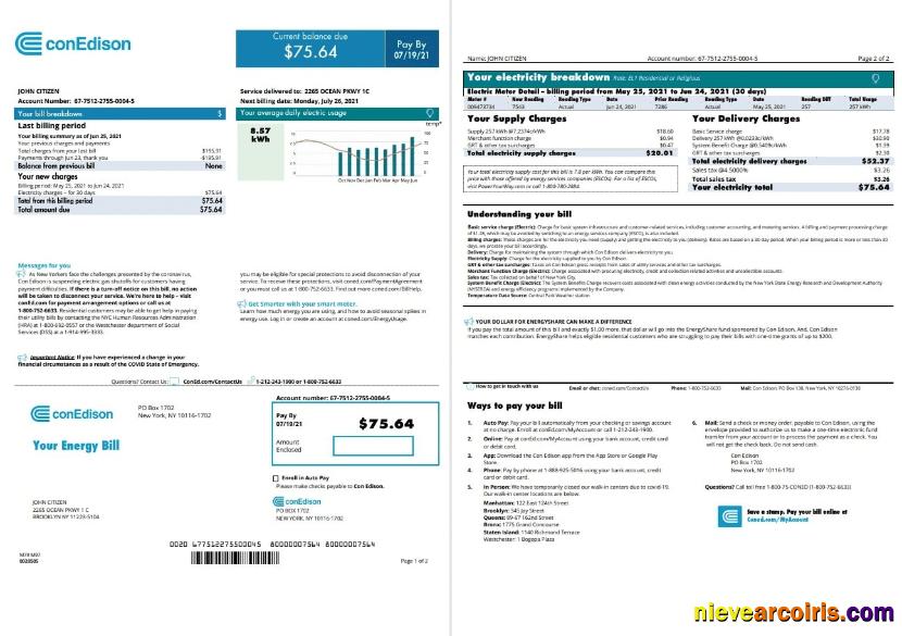 USA Con Edison utility bill 2 pages 2021 April – present